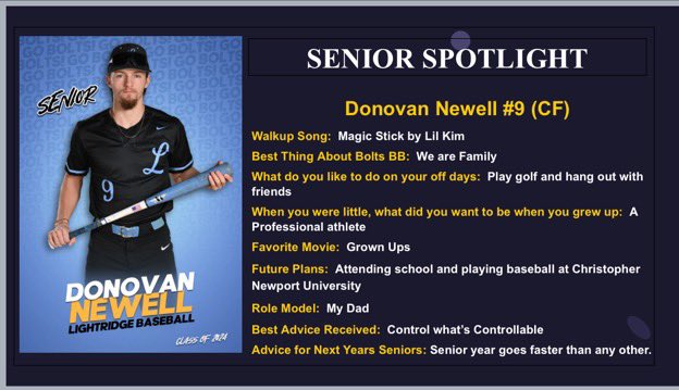 Conference series #3 against Pot Falls tonight and Thursday. Our Senior Spotlight this week is Donovan Newell.