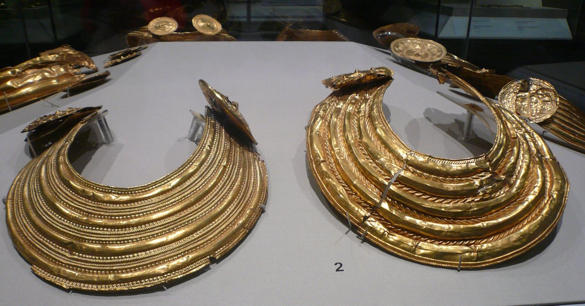 I never tire of visiting Ireland's National Museum of Archaeology. Here are some pix I took today of gold collars found in Counties Clare and Tipperary. They're dated 800-700 B.C.