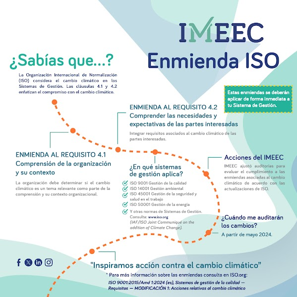 IMNC_MX's tweet photo. ¡Que no se te pase… Toma en cuenta la ENMIENDA ISO donde el Cambio Climático 🌎es un compromiso con la excelencia 💯 que va más allá de los estándares. ¡Conócela, los cambios son en mayo 2024! https://t.co/C1W9irjrpt
