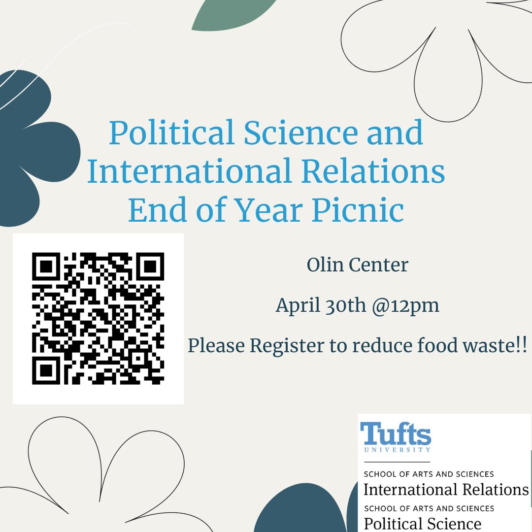 The Political Science and International Relations Departments invite all majors to our annual End-of-Year Picnic at the Olin Center. Join us for lunch as we celebrate the end of the academic year.

Please register for this event to mitigate food waste: tufts.qualtrics.com/jfe/form/SV_9o…