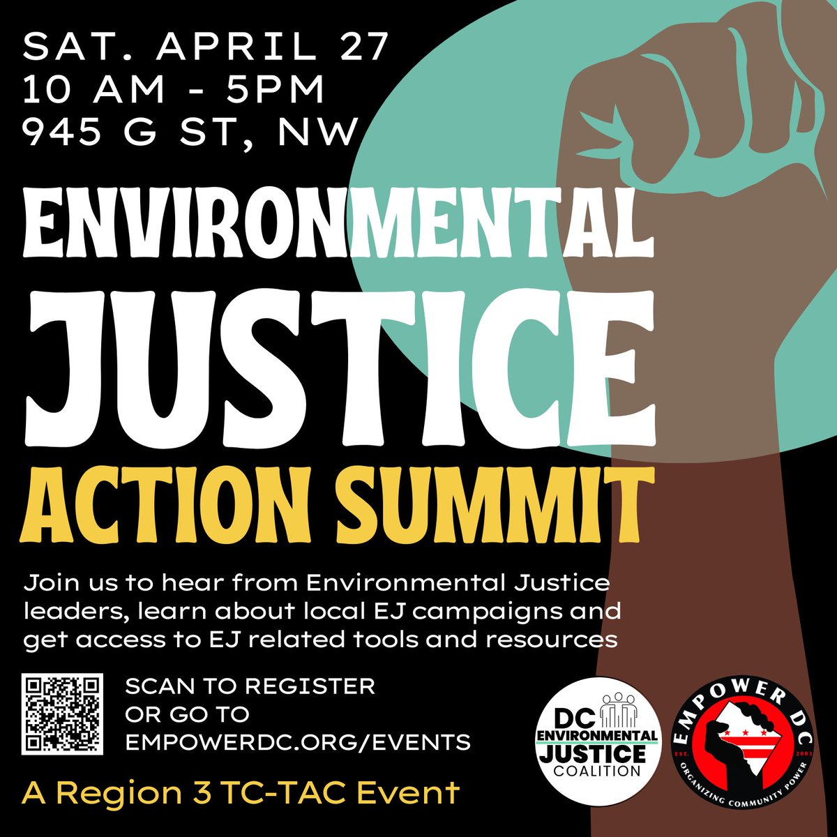 Join us this Saturday, April 27th for the first annual Environmental Justice Action Summit! Learn from EJ movement leaders, local community leaders and subject matter experts. Join and build the local EJ Movement! Lunch provided. Register at empowerdc.org/events