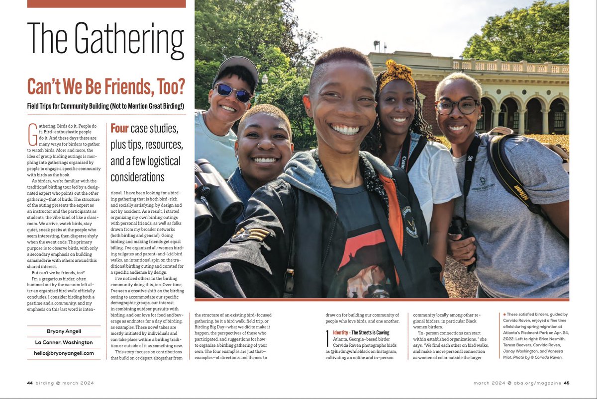 In this genial but subtly provocative article in the March 2024 issue of the @ABA's Birding magazine, Bryony Angell shows us the path forward for improved community building among birders.