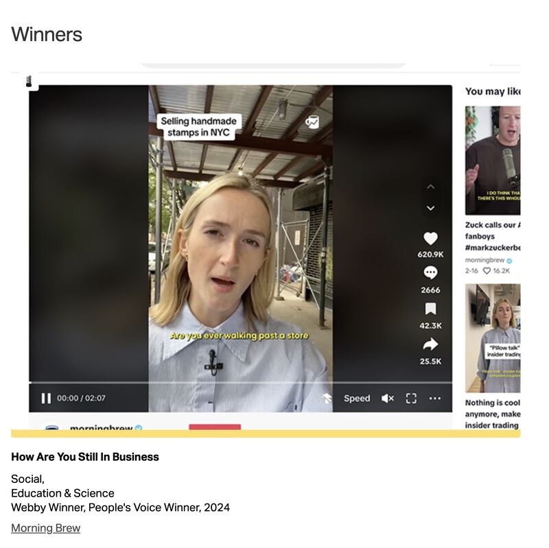 The @MorningBrew team is knocking the cover off the ball right now. I'm so damn proud & inspired. 5 years ago, we were just a newsletter. Today, we're winning Webby Awards for our social & video content (h/t @macyagilliam, @dhtoomey, @uber_rv). I don't think people realize…