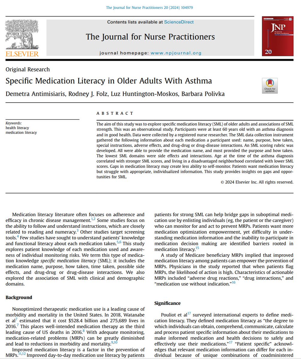Have you ever wondered what people know about their medications? For a limited time, The Journal For Nurse Practitioners is offering open access to our study "Specific Medication Literacy in Older Adults..." sciencedirect.com/science/articl…
