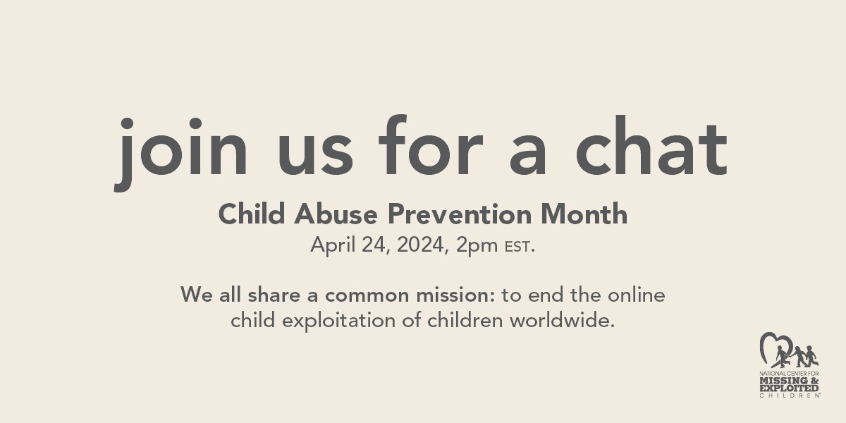 Please join @FBI and @NCMEC for a live chat tomorrow, 4/24, from 2-3 PM EST in honor of National Child Abuse Prevention Month. We'll join forces to educate the public about online child exploitation and talk about what we can do to stop abuse and support survivors. #CAPM24