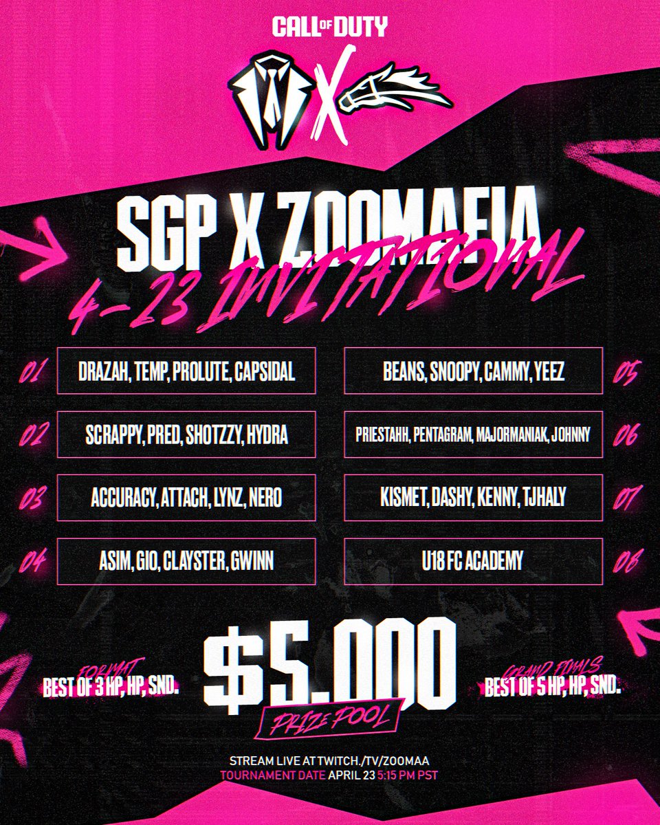 TODAY IS 4-23 AND YOU ALREADY KNOW WE HAD TO SPICE THINGS UP! @SGPSyndicate X ZOOMAFIA 4-23 INVITATIONAL // $5,000 PRIZE 💰 CDL PROS // HP & SND // START TIME 5:15pm PST 👏 LIVE ALL DAY ON TWITCH PULL UP 🐎