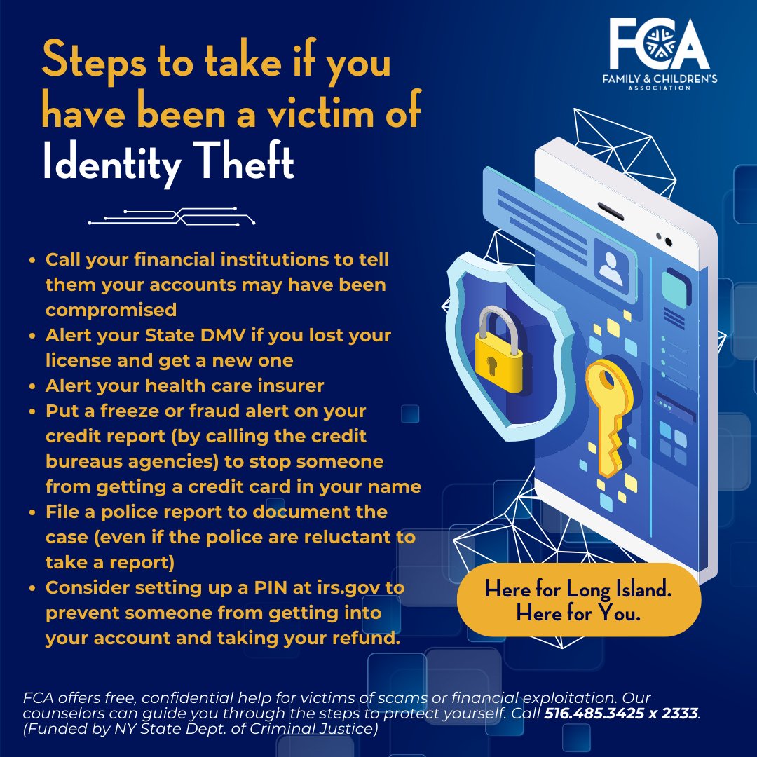 If you or someone you know has fallen victim to #identitytheft , you're not alone- FCA can help! We offer confidential guidance on how to recover and #protectyourself - call 516.485.3425 x 2333 (Funded by NY State Dept. of Criminal Justice)
#ScamAwareness #ScamPrevention