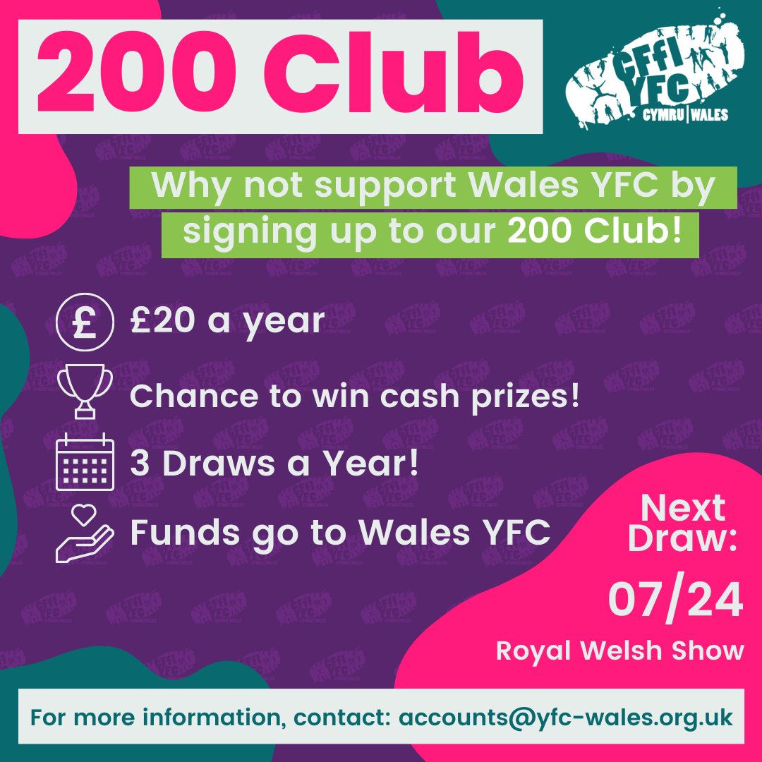 ✨ 200 Club ✨ Why not support Wales YFC by signing up to our 200 Club! - £20 a year - Chance to win cash prizes - 3 draws a year - Funds go to Wales YFC The next draw will take place at the Royal Welsh Show! Sign up on the following link: buy.stripe.com/00gbIWgxp3W65u…