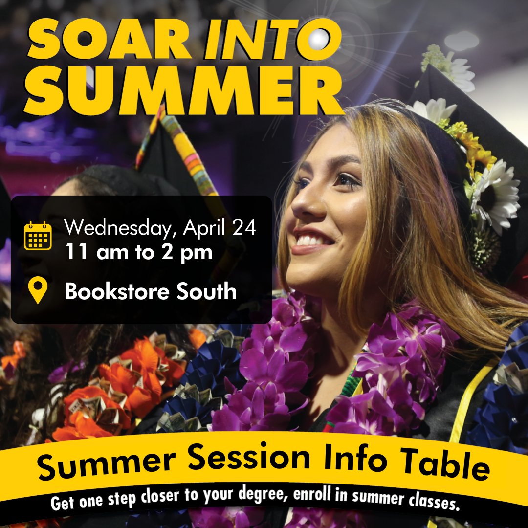 Meet us tomorrow at Bookstore South, April 24, from 11 a.m. to 2 p.m.! ☀️

Ask us about Summer Session, Financial Aid 💵, and more! Complete a requirement & accelerate your progress toward graduation. 👩‍🎓
🔗Visit bit.ly/3JwhuAd to learn more. 

#CalStateLA #SoarIntoSummer