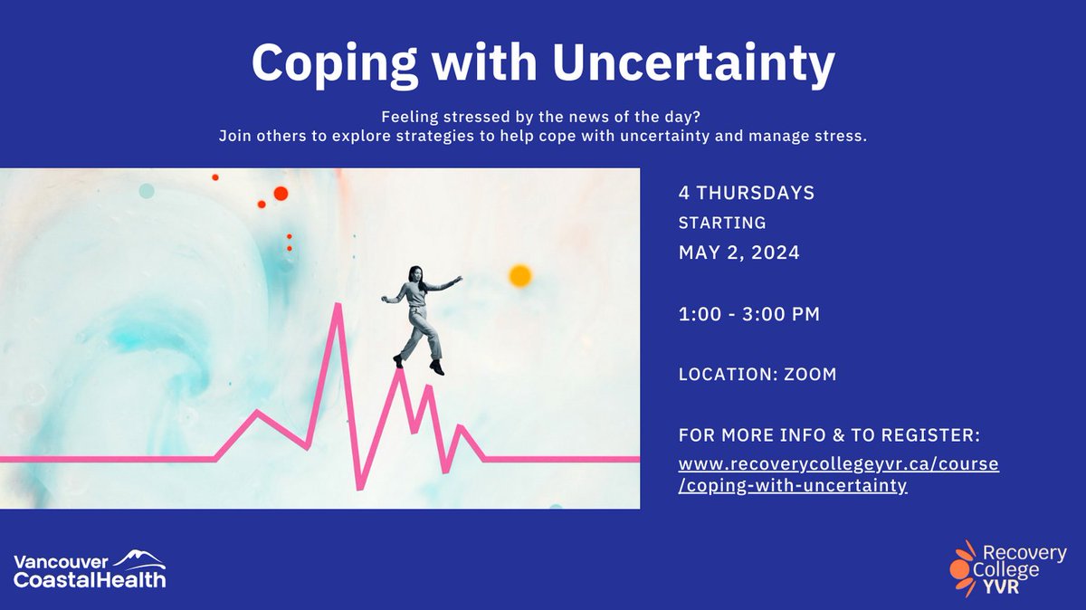 Join us as we delve into strategies for navigating uncertainty with resilience! 🌟 Don't miss out on this Mental Health Week Workshop!

For more info & to register: recoverycollegeyvr.ca/course/coping-…

#SpotlightOnMentalHealth
#MentalHealthWeek
#Wellness
#Hope
#PeerWork
#LivedExperience