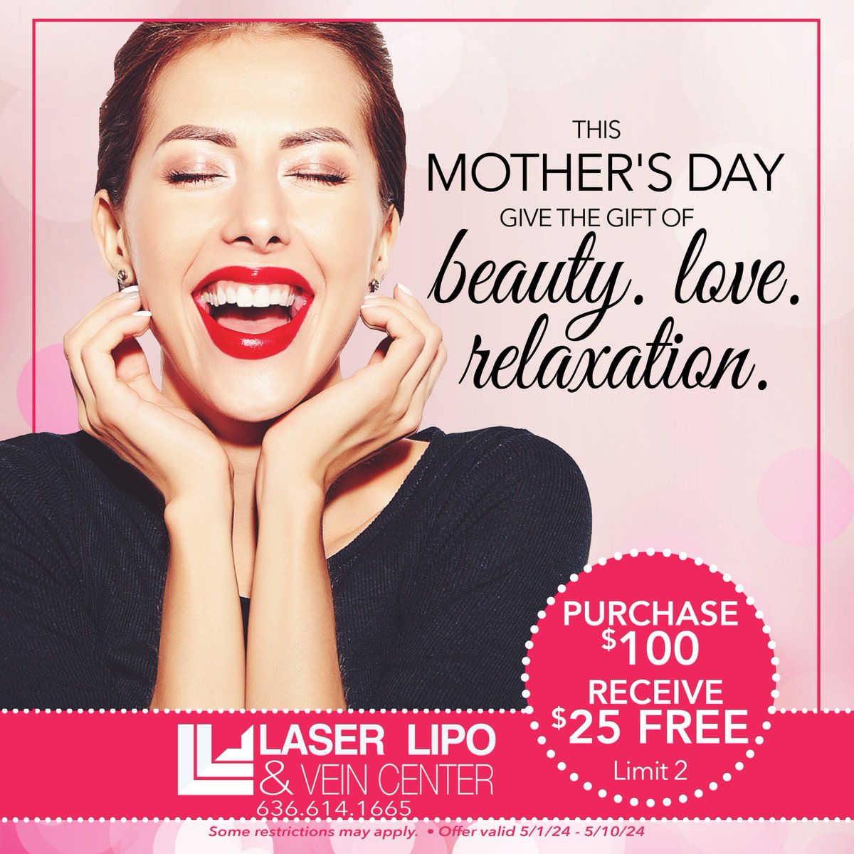 Make her day extra special with LLVC gift certificates! 🎁 Celebrate the women you love by giving the gift of beauty and relaxation. Buy $100 and receive $25 free (limit of 2). 
Offer valid until 5/10/24. Don't miss out!

#GiftCertificates #Pampering #LLVC