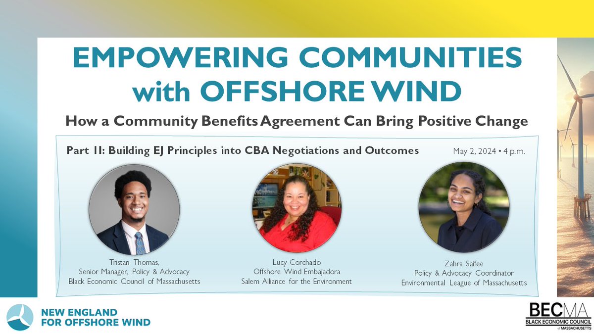 Join New England for Offshore Wind for a Part 2 of our webinar series Empowering Communities with Offshore Wind: How a Community Benefits Agreement Can Bring Positive Change bit.ly/3Qc6zzq