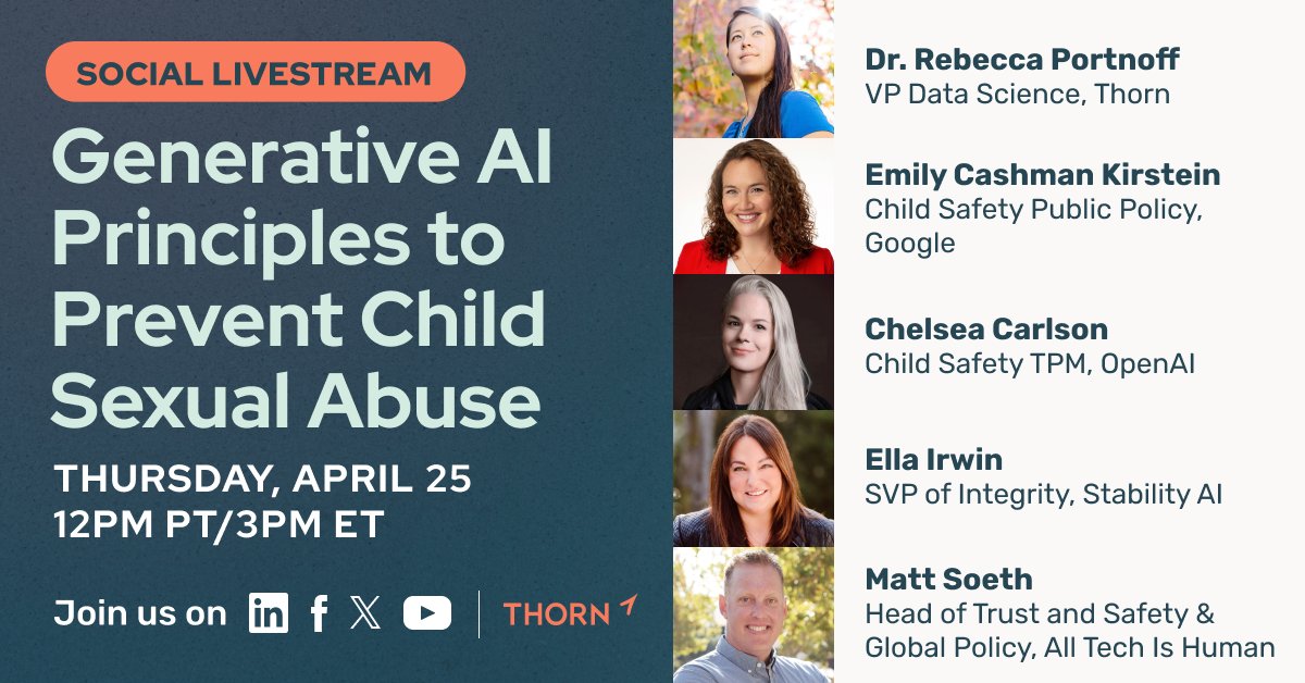 Tune in Thursday, 4/25 at 3PM ET for a vital convo hosted by Thorn and @AllTechIsHuman. We’ll be joined by @Google, @OpenAI and @StabilityAI to discuss how we can work together to mitigate the misuse of #GenerativeAI. teamthorn.co/3UbT0kT