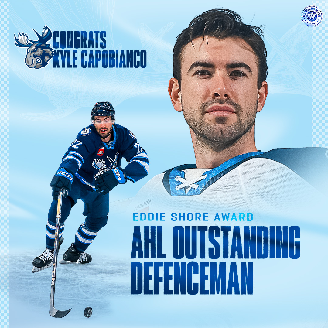 Nobody better on the blue line in @theAHL this season than Kyle Capobianco! He led all defenders with 54 points and matched an #MBMoose record with a plus-29 rating. Congrats, Capo on winning the Eddie Shore Award! DETAILS >> bit.ly/49ODXmS #GoMooseGo | #ManitobaMade