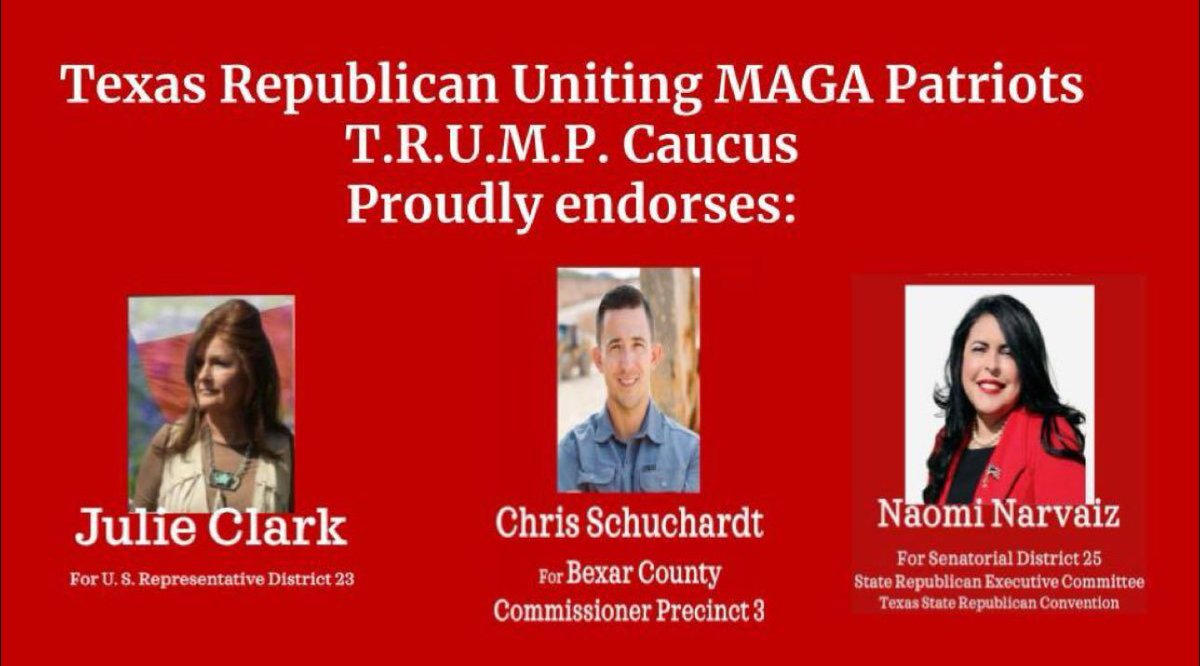 Sharing this amazing endorsement from T.R.U.M.P. (Texas Republicans Uniting MAGA Patriots) in #Bexar County Another group of Patriots working to elect conservatives!  #txgop #srec #sd25