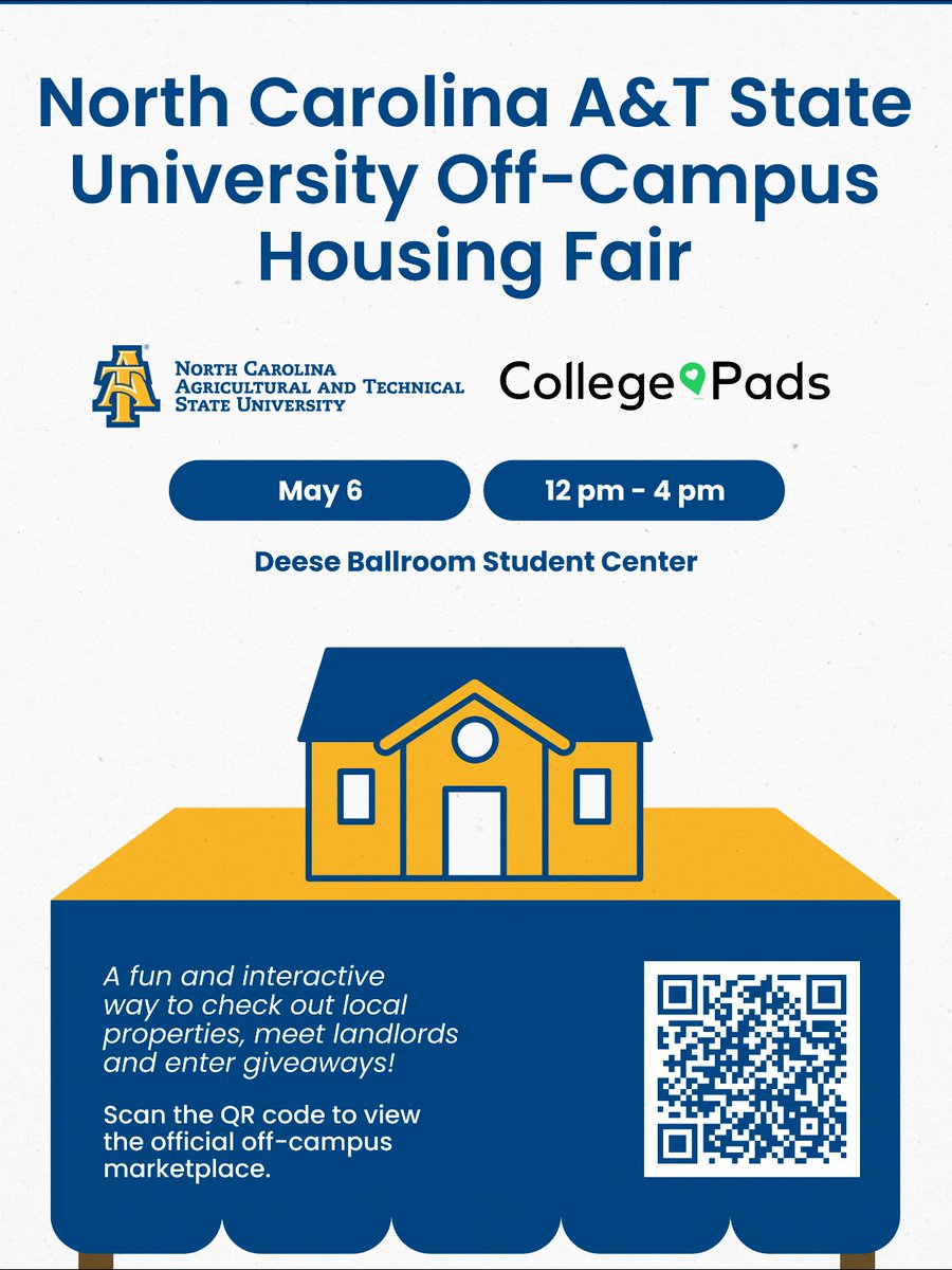 Thinking about moving off-campus? Find your next potential home at our Off-Campus Housing Fair on May 5 at Deese Ballroom at noon. Meet landlords, explore local properties and enter to win prizes at this event. Don't miss it! #NCAT #NCATHousing #NCATOffCampus