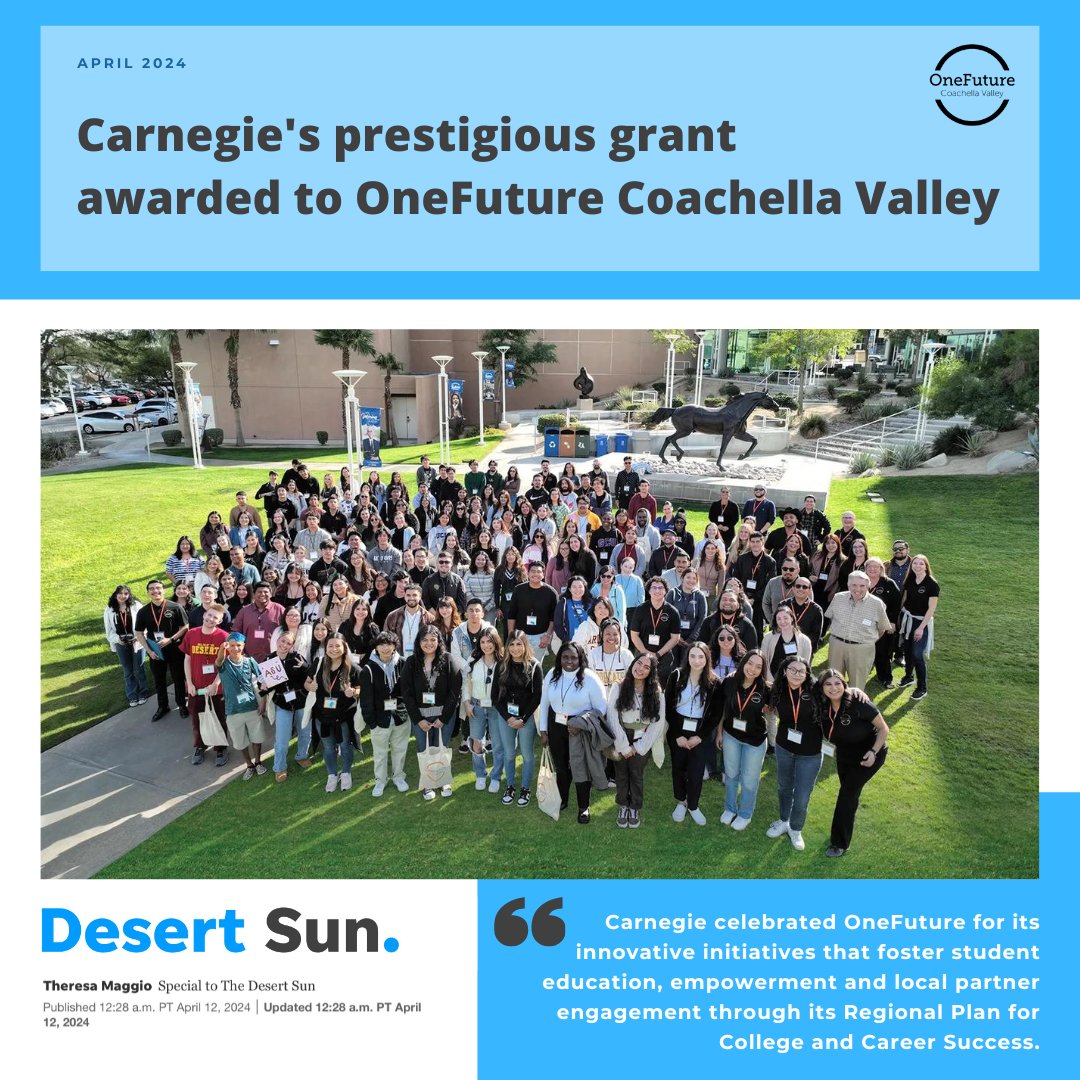 #ICYMI 💫 OneFuture is proud to be recognized by @CarnegieCorp for our commitment to education and community empowerment! 🏆 Read the @MyDesert article at onefuturecv.org/2024/04/15/car… To learn more or make a donation, visit onefuturecv.org. #CollectiveLeadership