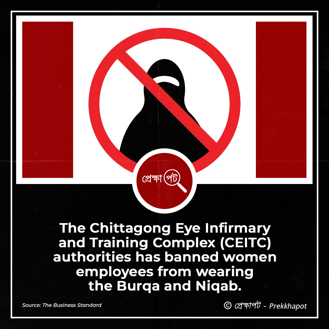 The Chittagong Eye Infirmary and Training Complex (CEITC) authorities, known as Chittagong Eye Hospital, has banned women employees from wearing the Burqa and Niqab.
