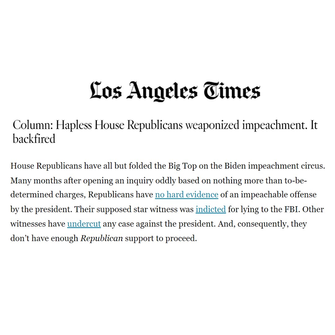 Trump’s little helpers have spent the 118th Congress on two failed impeachment quests that have disgraced their party and accomplished nothing for the American people. Please make it end soon. latimes.com/opinion/story/…