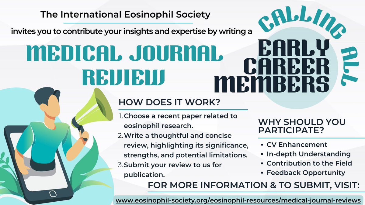 Hey IES Early Career Members! We're on the hunt for keen reviewers to share their insights on medical journals for our site. Dive into cutting-edge research and leave your imprint on the field! Intrigued? Send us your reviews here: eosinophil-society.org/eosinophil-res…