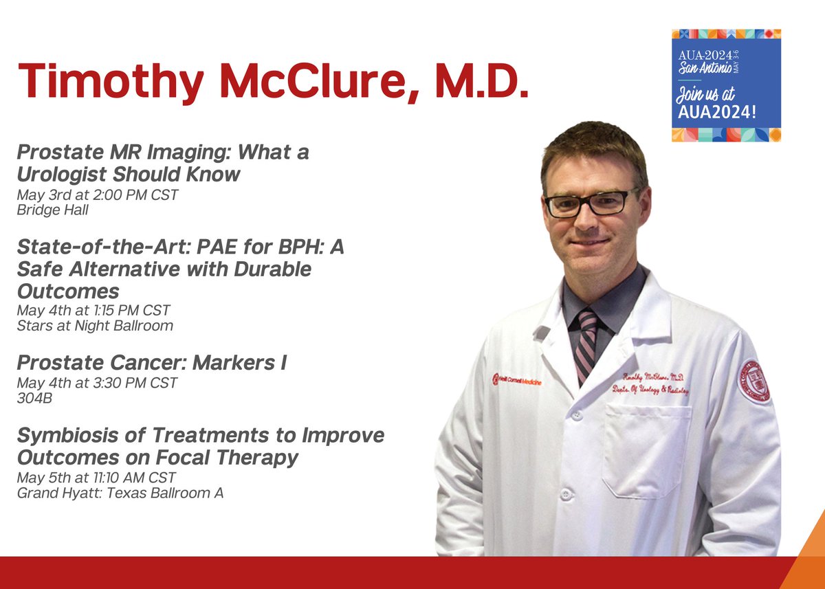 During this year's #AUA24 conference, join Dr. Timothy McClure (@TimMcClureMD) during his various presentation and training sessions discussing prostate MR imaging, PAE for BPH, prostate cancer markers, and improving outcomes in focal therapy. Learn more: bit.ly/49OKhee