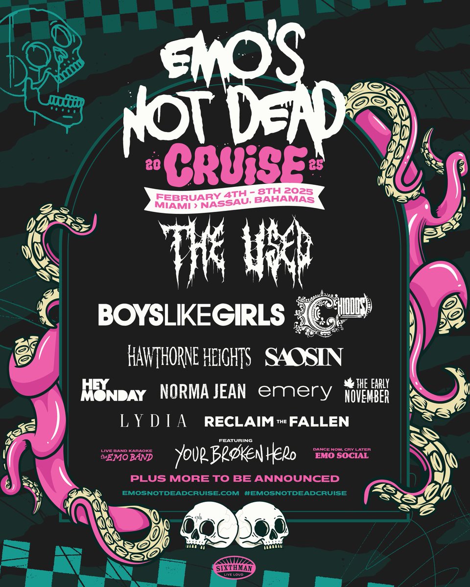 Excited to announce that we’ll be joining the 2025 #EmosNotDeadCruise lineup 🛳️🛟⚓️💦 

Big love to <a href="/emosnotdead/">Emo's Not Dead</a>, <a href="/Mattcutshall/">Matt Cutshall</a>, and <a href="/SXMLiveLoud/">Sixthman | LIVE LOUD</a>. You guys are the best. So many incredible artists and friends on this one.

Let’s gooo baby! #EmosNotDead #EmoSocial