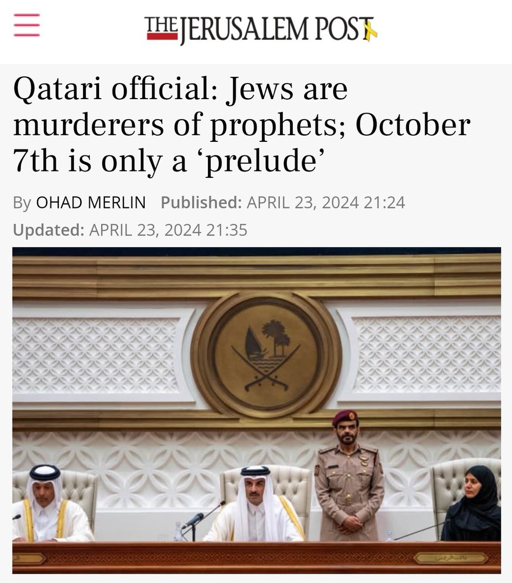 EFischberger's tweet photo. NEW: Essa Al-Nassr, a member of the Qatari legislative Shura council, spoke on Monday at an Arab League session, where he said the following: 

“There will be no peace nor negotiations with the Zionist entity for one reason: because their mentality does not recognize negotiations, but rather only…. breaking promises and lying…. They only recognize one thing, which is killings; since they are killers of prophets.”

He also stated that the October 7th massacre was a “prelude to the annihilation of the corruption of the ‘second Zionist entity’ upon earth." 

H/T @MOhadIsrael @hodajannat