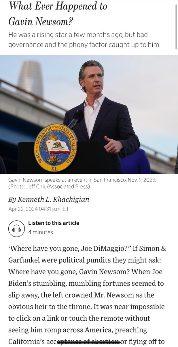 An EXCEPTIONAL OpEd on @GavinNewsom by Ken Khachighian in @WSJ. In short, he went too far to seek national fame & it backfired: -Hired portrait photographer to take pics at the Great Wall of China -Made up fake “baseball career” -Traveled to FL to (falsely) claim CA is a “low…