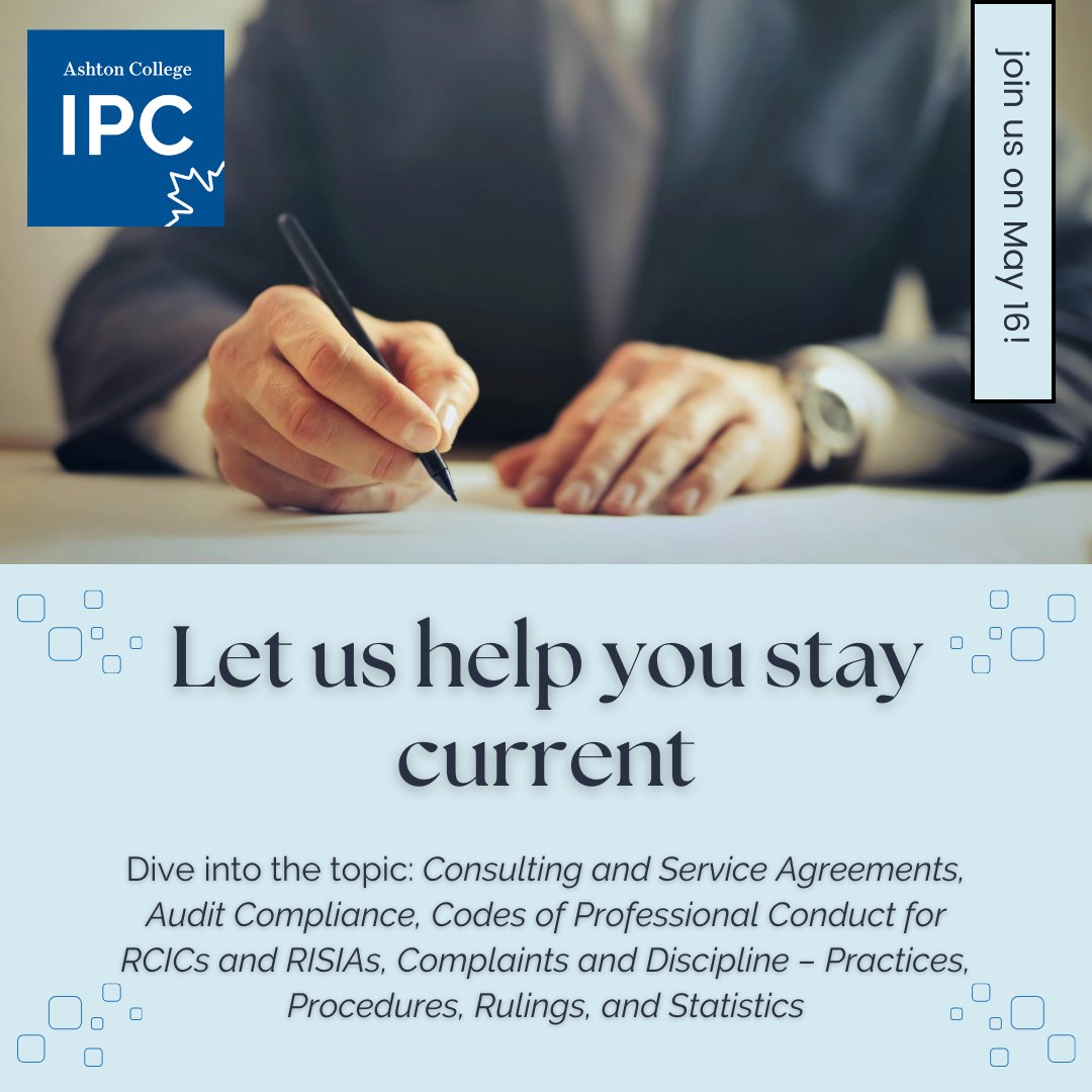 Stay current with our CPD event on May 16: Consulting and Service Agreements, Audit Compliance, Codes of Professional Conduct for RCICs and RISIAs, Complaints and Discipline – Practices, Procedures, Rulings, and Statistics.
Register: hubs.ly/Q02tN-tt0
#staycurrent #RCIC