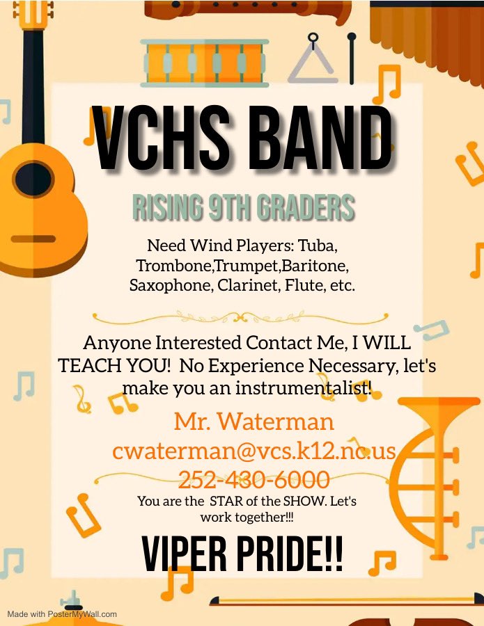 Rising ninth graders, this is a SHOUT OUT to you!  If you are interested in joining the VCHS Viper Band, now is the time to contact Mr. Waterman and make sure you are scheduled and ready.  No experience…no problem!  @VCMiddle @StemEarly @VanceCoSchools