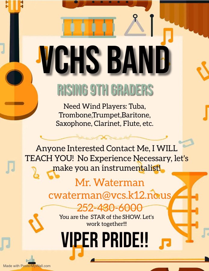 Rising ninth graders, this is a SHOUT OUT to you!  If you are interested in joining the VCHS Viper Band, now is the time to contact Mr. Waterman and make sure you are scheduled and ready.  No experience…no problem!  <a href="/VCMiddle/">Vance County Middle School</a> <a href="/StemEarly/">STEM Early High School</a> <a href="/VanceCoSchools/">Vance County Schools</a>