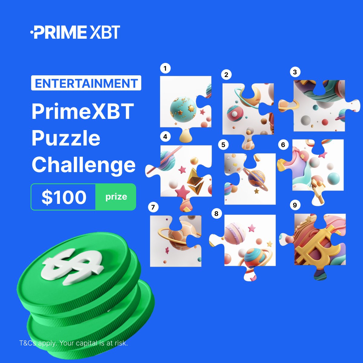 🧩 Join the fun! Complete the #PrimeXBT puzzle! How to play: ✅ Arrange the puzzle by numbers ✅ Follow @PrimeXBT, RT, tag 3 buddies ✅ Have an account: eng.primexbt.com/3SSoVar 💰 2 winners get $50 #USDT each!