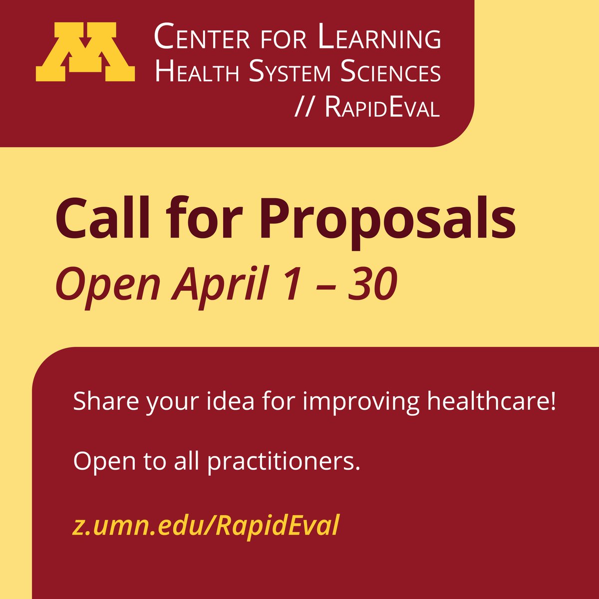 The @umnclhss RapidEval program's call for proposals will remain open until April 30 at 5 pm! Interviews for application finalists will occur on Tuesday, June 4th, between 1-4pm. Learn more ➡️ bit.ly/4cDIDOW.