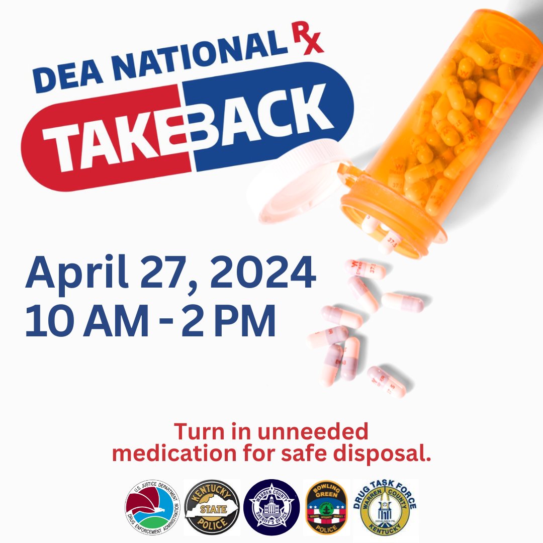 National Prescription Drug Takeback Day Saturday, April 27, from 10 AM to 2 PM CDT The four (4) collection points in Warren County: • Bowling Green Police Department • Kentucky State Police, Post 3 • Greenwood High School • Smiths Grove City Hall