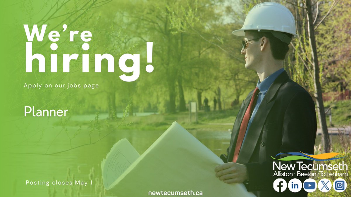 We are hiring a temporary Planner. This position provides an opportunity to apply development review, policy development and analysis skills and knowledge related to urban and rural development in shaping New Tecumseth’s future. bit.ly/3kz1CRn