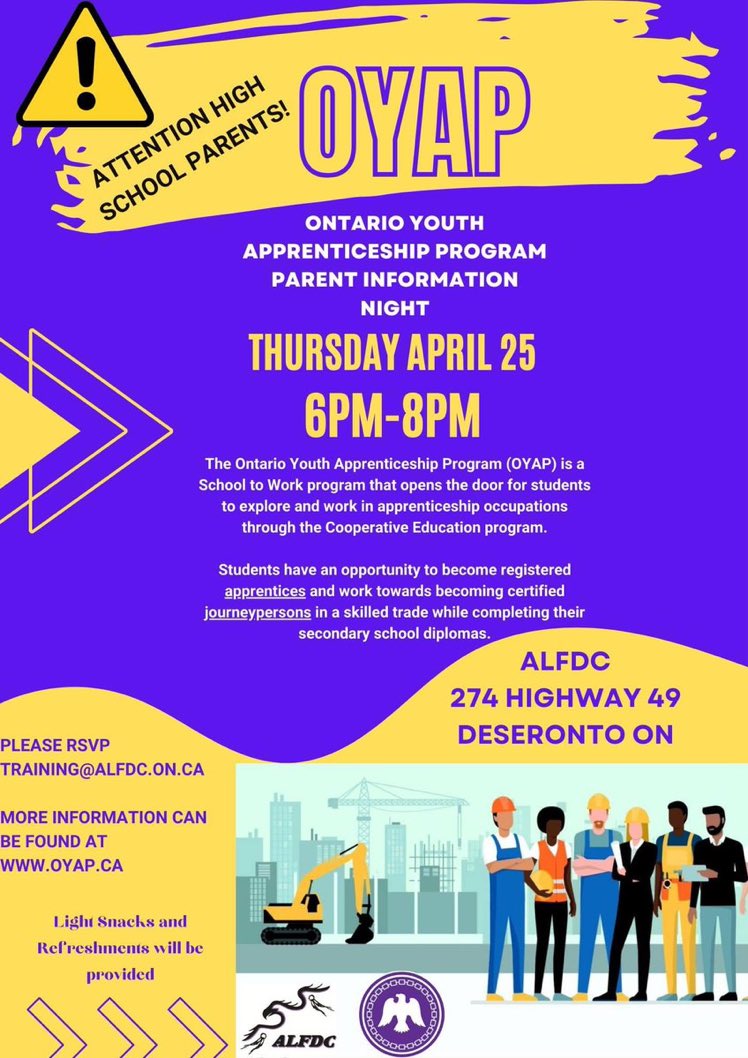 The Aboriginal Labour Force Development Circle is hosting an informational night for students/parents this Thursday April 25th @6pm to discuss the #skilledtradespathway and #OYAP. Hope to see you there for some light snacks and skilled trade info! Spread the word!