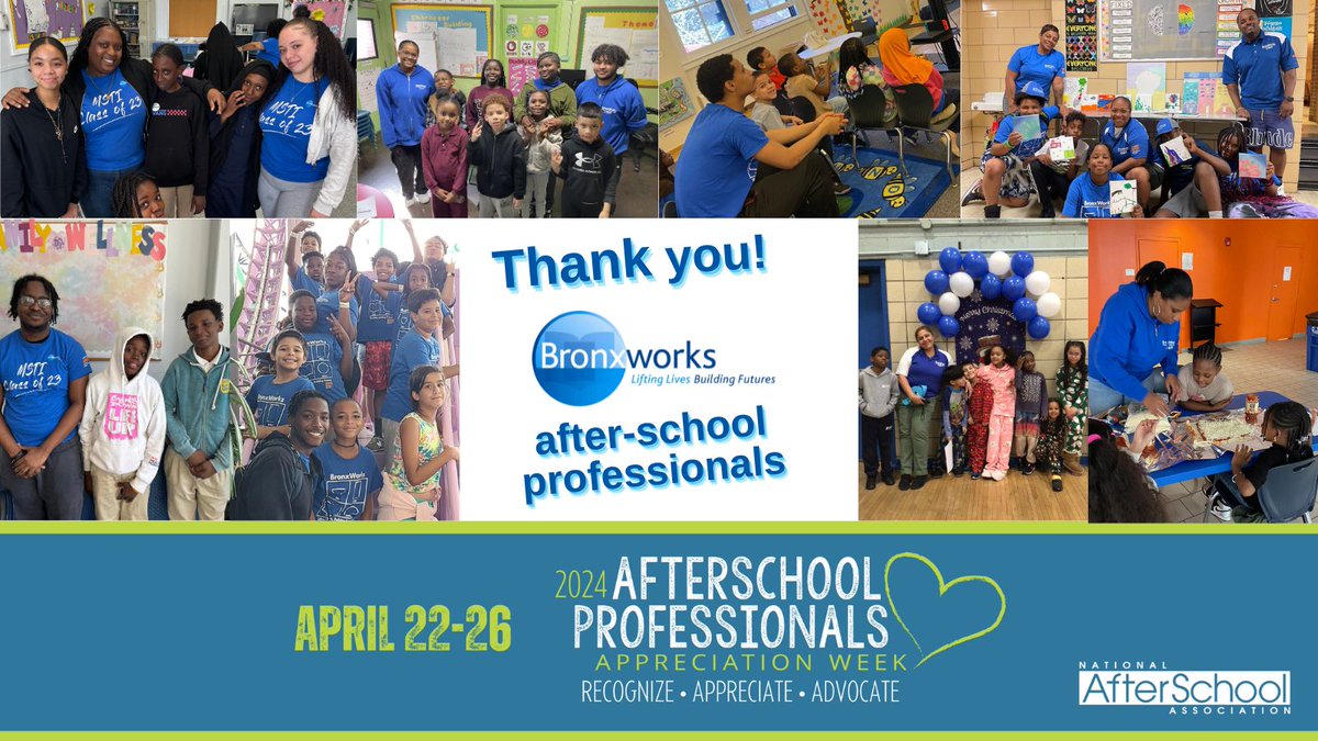 It’s Afterschool Professionals Appreciation Week, and we want to thank all our BronxWorks afterschool professionals for providing quality programs that make a difference in the lives of our Bronx youth! This week celebrates you--the #HeartOfAfterschool! @Afterschool4All