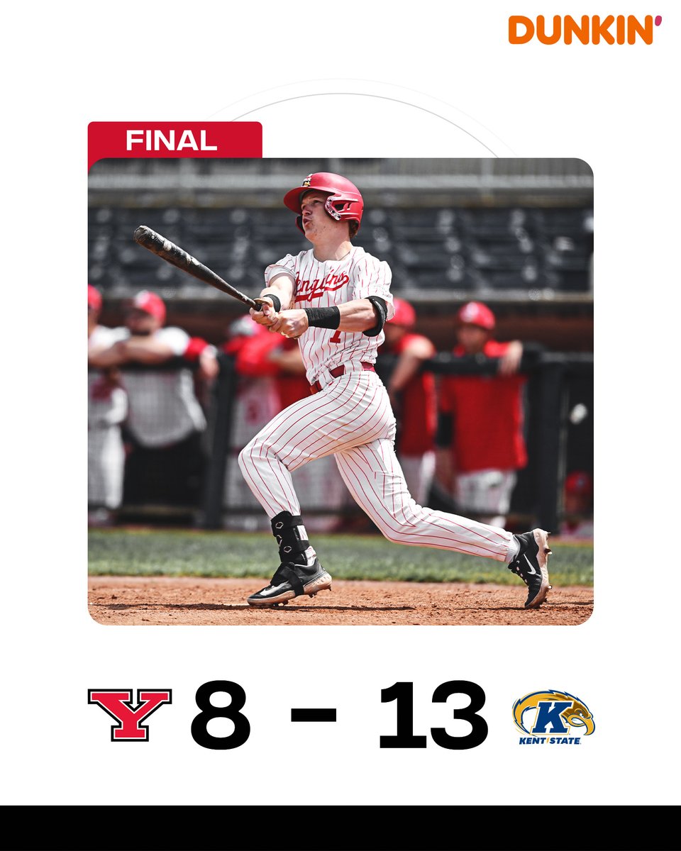 Final | Kent State wins 13-8. Trey Law had a game-high three hits, and the top five hitters in YSU's line each had multiple hits. The Penguins will host Akron tomorrow at 5 p.m. as they look to split the midweek contests at Eastwood. #GoGuins