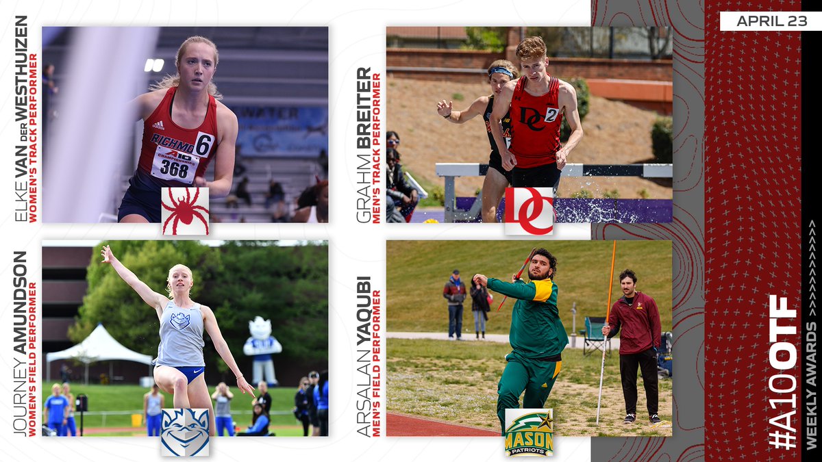 Running into our #A10OTF Weekly Awards... WOMEN'S TRACK -- Elke Van der Westhuizen | @RichmondXCTF WOMEN'S FIELD -- Journey Amundson | @BillikensXCTF MEN'S TRACK -- Grahm Breiter | @Davidson_XCTF MEN'S FIELD -- Arsalan Yaqubi | @GeorgeMasonTFXC