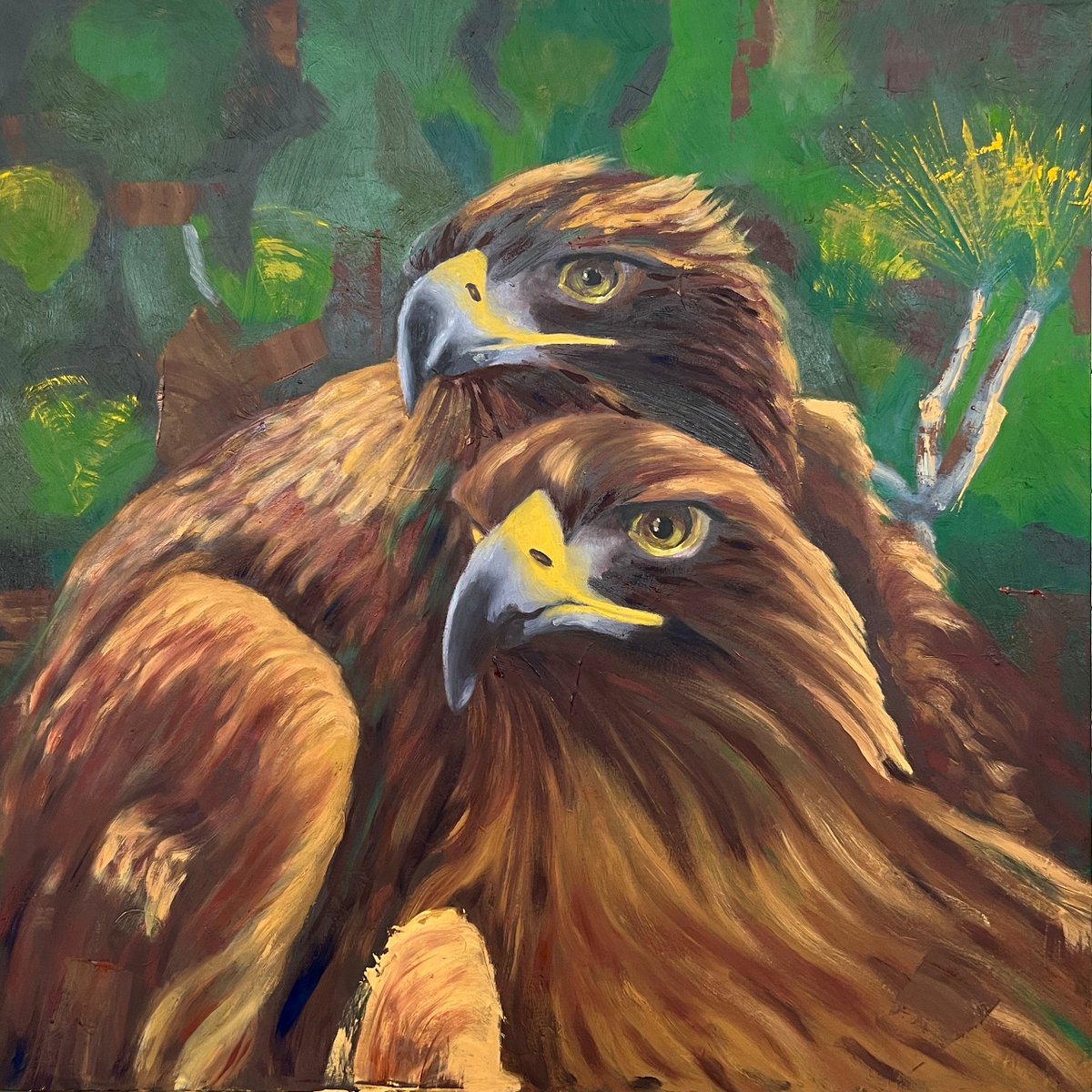 rbkfuchs's tweet photo. Couple of Golden Eagles (Aquila chrysaetos). Most mate for life. 
Did you know they can hunt something as large as a fox?

- oil on panel - 24x24 inch - 
#wildlifeart #wildlifeartist #eagleoilpainting #goldeneagles #abstractedreality https://t.co/6zKmIWYqKk