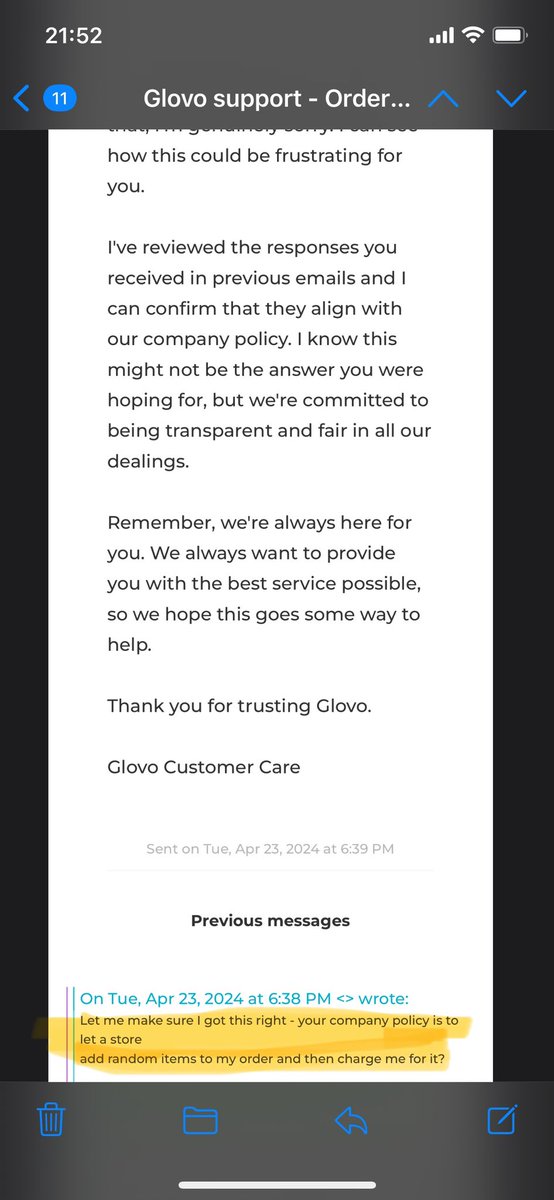 Wow <a href="/glovo/">Glovo</a>. The store adds additional items to my order that I get charged for and you tell me it’s company policy to not do anything about it? This has to be a joke. And it definitely isn’t “fair”. <a href="/deliveryherocom/">Delivery Hero</a> #deliveryhero