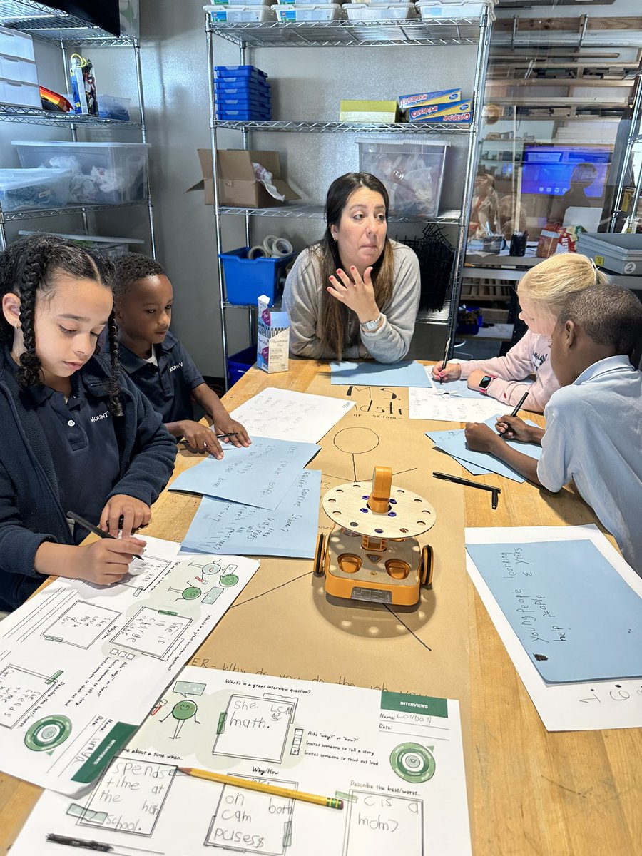 klundstromatmv's tweet photo. Ms L, "What do you need a robot to help you do?" 🤔 @TheMVSchool kindergartners are doing a design sprint to answer this question. Today, I was interviewed as an end user. #startwithquestions #designabetterworld 💙😂💙 
definitely the high for my day 🤩#lifeofaheadofschool https://t.co/NwA7jGNbSp