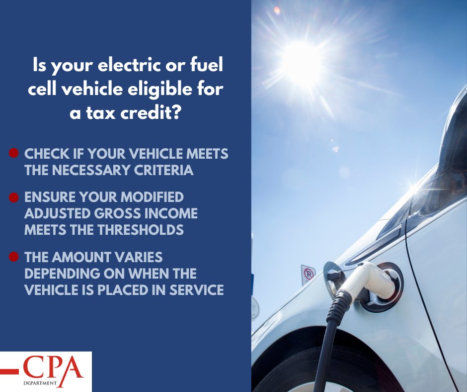 Did you know that if you're considering purchasing an electric or fuel cell vehicle, you might be eligible for a tax credit?  irs.gov/credits-deduct…

#TaxCredit #ElectricVehicles #FinancialAdvice #EarthFriendly
