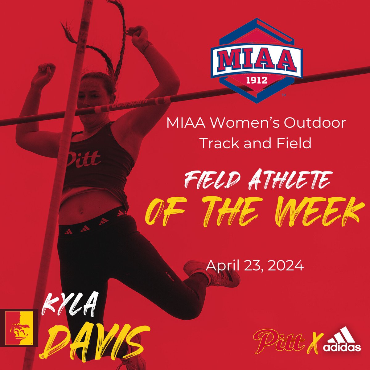 Another one for Kyla Davis‼️ Davis is the MIAA Women's Outdoor Field Athlete of the Week after breaking the school pole vault record over the weekend 🦍💪 @GorillasTrack|@pittstate|@KylaDavisPV