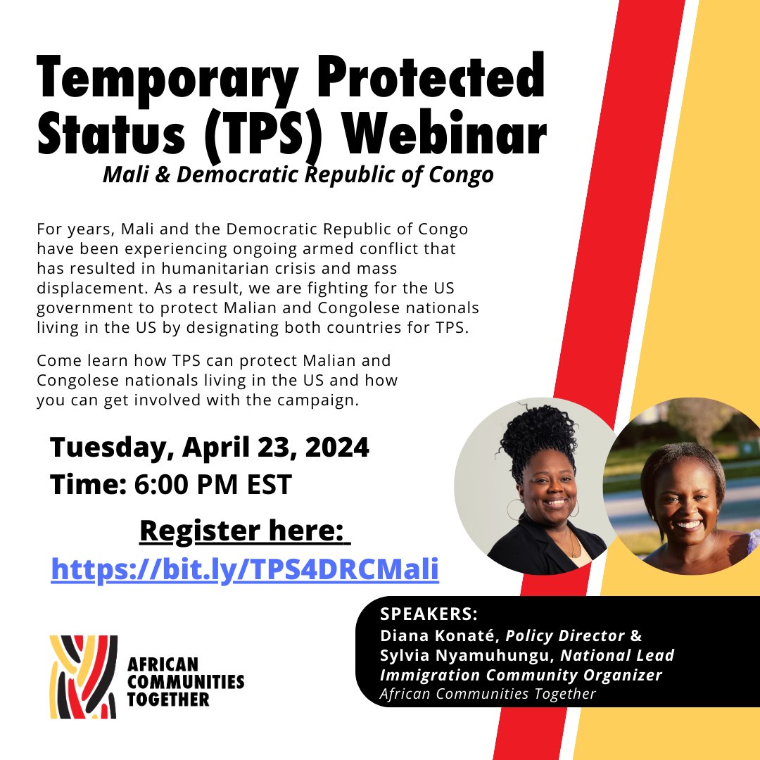 Join our webinar TODAY at 6:00pm! Mali & Congo crises demand action. We're advocating for Temporary Protected Status (TPS) to aid those in dire circumstances. Learn how you can make a difference and stand in solidarity: bit.ly/TPS4DRCMali #TPSforMali #TPSforCongo