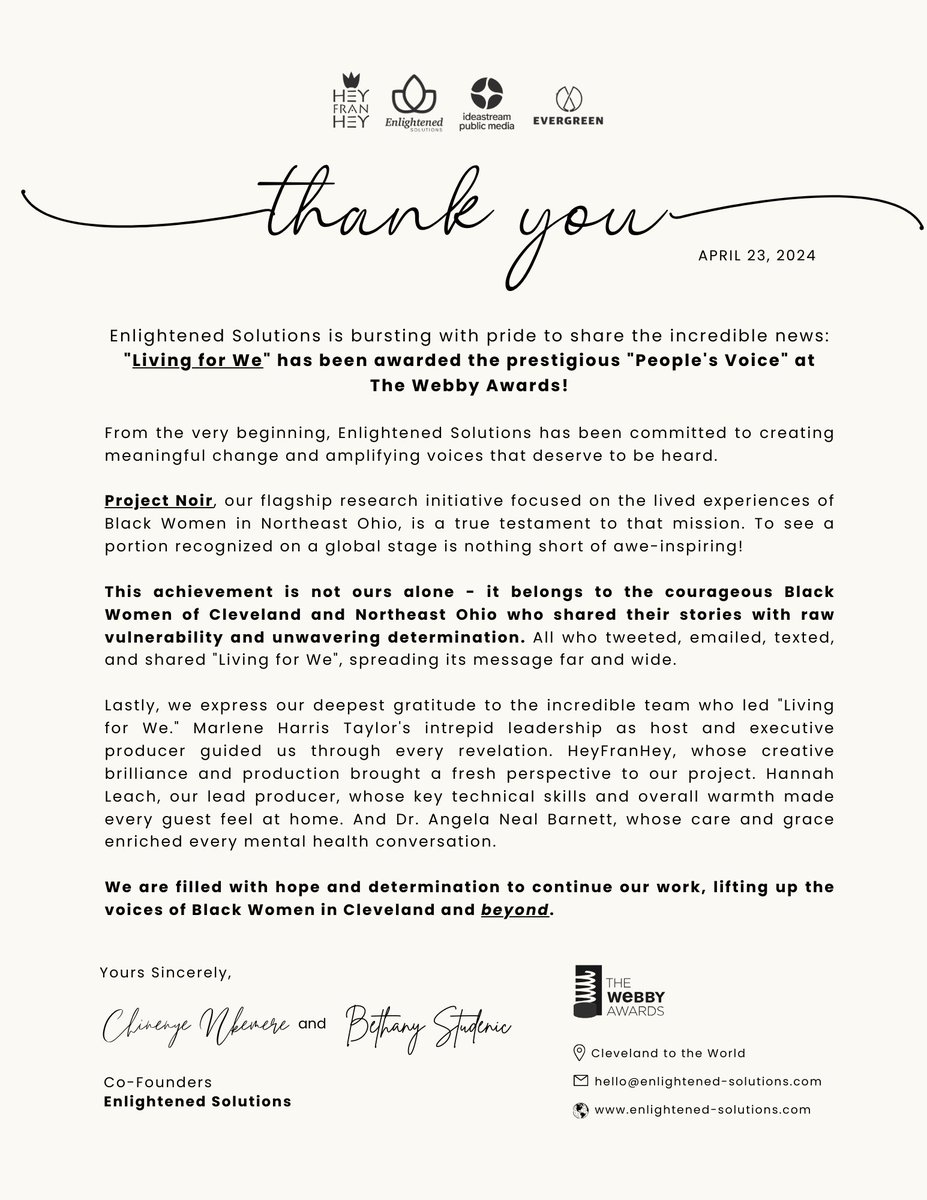 See here for our full thank you letter - we are obviously stunned and humbled.

#ProjectNoirCLE #LivingForWe