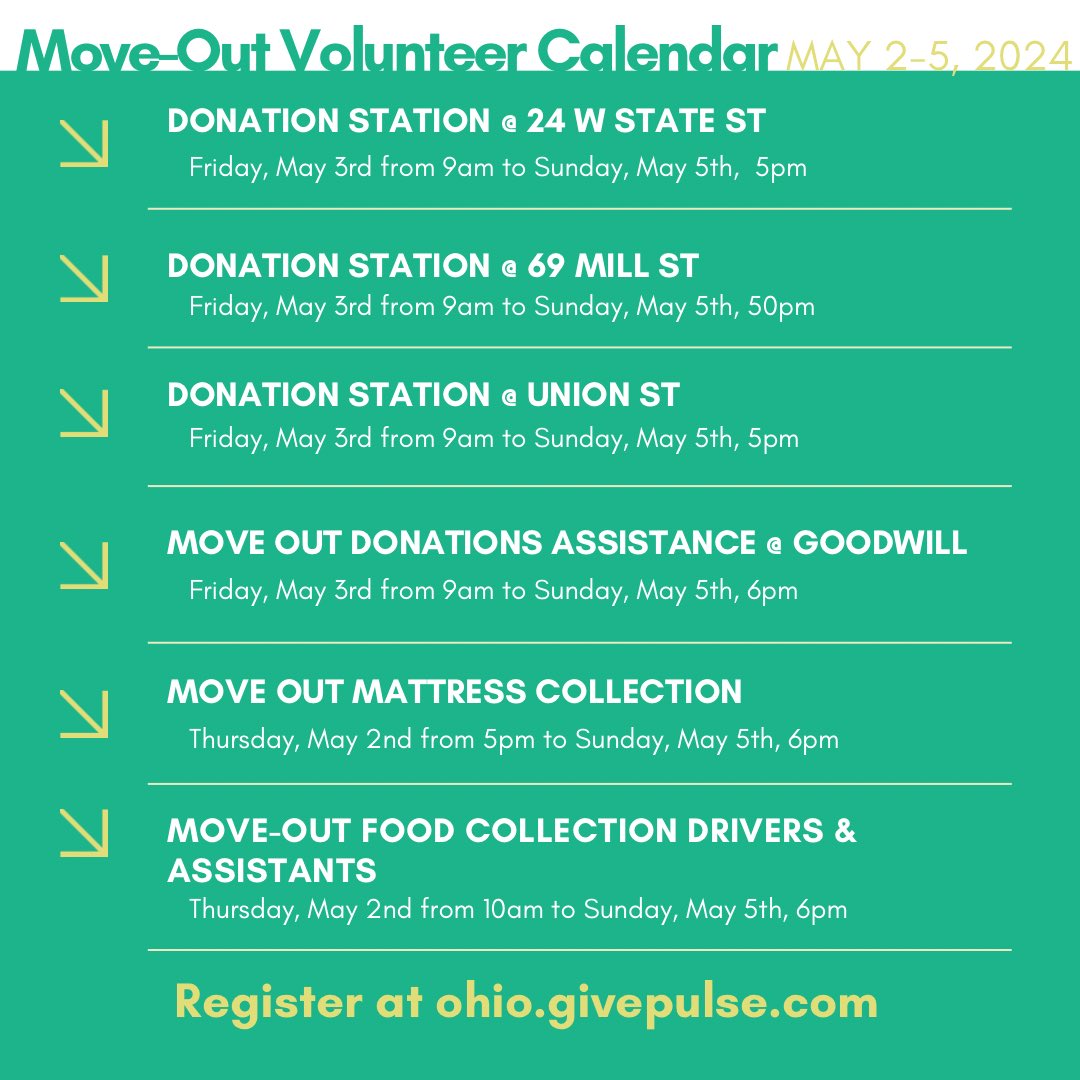 Finals week is almost here!!! Sign up to volunteer during OU Move-Out Weekend from May 2nd to 5th to help collect donations and redirect usable items for redistribution in the local community. Swipe to see list of events.
Sign up at ohio.givepulse.com/group/1105858