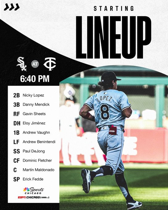 Chicago White Sox Starting Lineup for April 23 at 6:40 PM CT versus Minnesota Twins.
Nicky Lopez, second base;
Danny Mendick, third base;
Gavin Sheets, right field;
Eloy Jiménez, designated hitter;
Andrew Vaughn, first base;
Andrew Benintendi, left field;
Paul DeJong, shortstop;
Dominic Fletcher, center field;
Martín Maldonado, catcher;
starting pitcher: Erick Fedde.
Watch on NBC Sports Chicago. Listen on ESPN Chicago - 1000 AM 