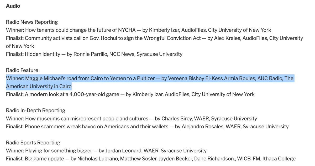My student, @vereena_bishoy, won ANOTHER top award for her audio feature 'Maggie Michael's Road from Cairo to Yemen to a Pulitzer.' She won over grad students at NYU and in @spj_newengland region 1. So excited for her. #proudprof @GAPP_AUC @AUCJRMC @AUC twitter.com/spj_tweets/sta…