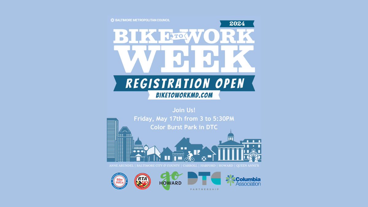 In celebration of this year's #BiketoWorkWeek, @CommuteHoward is hosting a #BikeFromWork Day event on 5/17, 3-5:30 pm at Color Burst Park, #ColumbiaMD. To register to participate in this event #HoCoMD, featuring free t-shirts, giveaways & more, visit biketoworkmd.com/event-register.